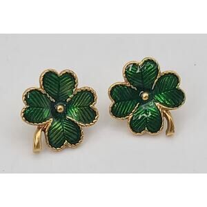 Pair of Vintage Avon Lucky Clover Green Enamel Pierced Stud Earrings 1970-80s